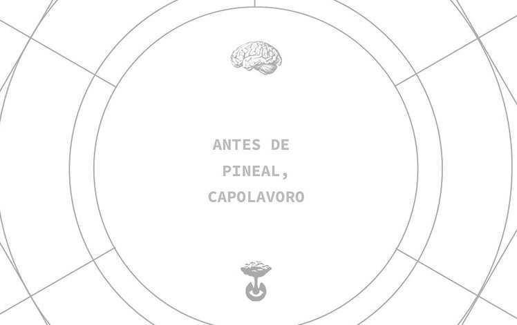 Padrões geométricos, uma ilustração de cérebro e o texto "antes de pineal, capolavoro" no centro